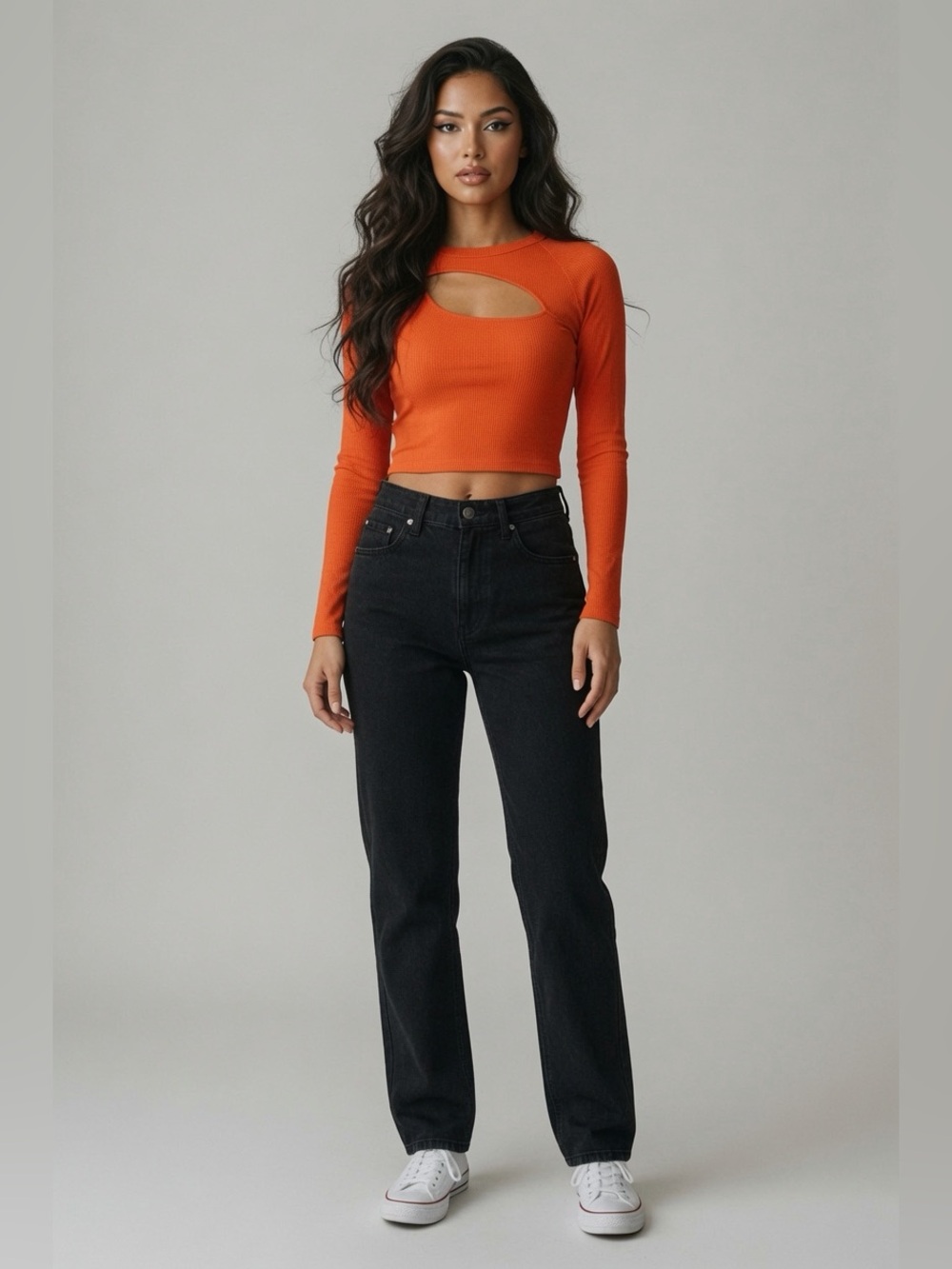 Fashion Nova Cut-Out Long Sleeve Ribbed Top – Size Small – Vibrant Orange